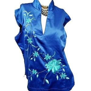 Chinese Blue Satin Top Floral Embroidered XL Hippie Boho Mandarin Collar